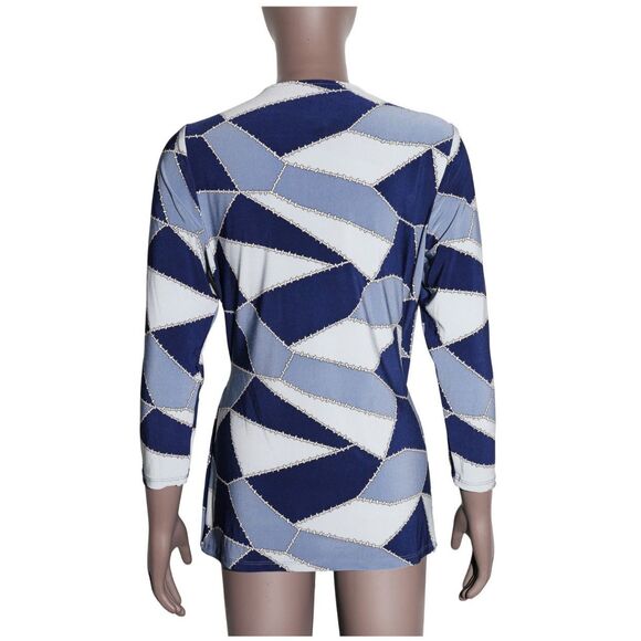 Anne Klein Patchwork Print V-Neck Tie Waist Blouse Boho Retro Medium - Picture 2 of 4